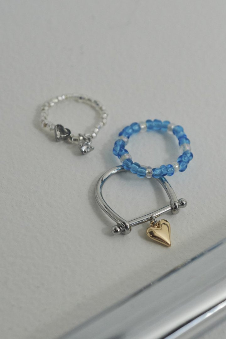 GOLDY Color beads x heart set ring - blue