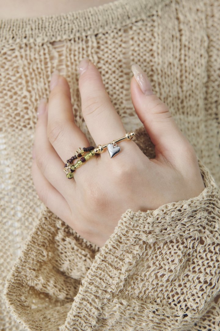 GOLDY Color beads x heart set ring - green