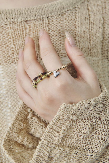 GOLDY Color beads x heart set ring - green