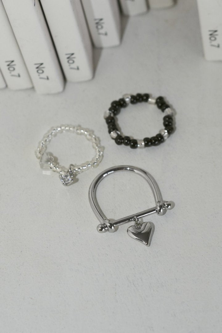 GOLDY Color beads x heart set ring - black