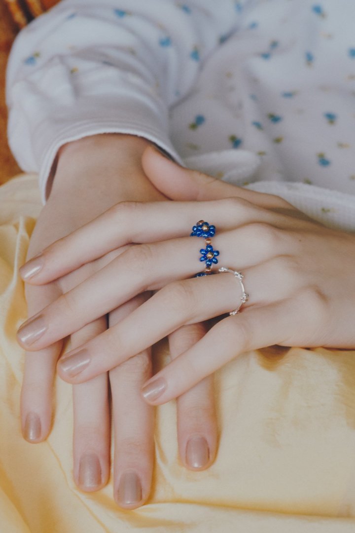 GOLDY flower bead set ring - blue