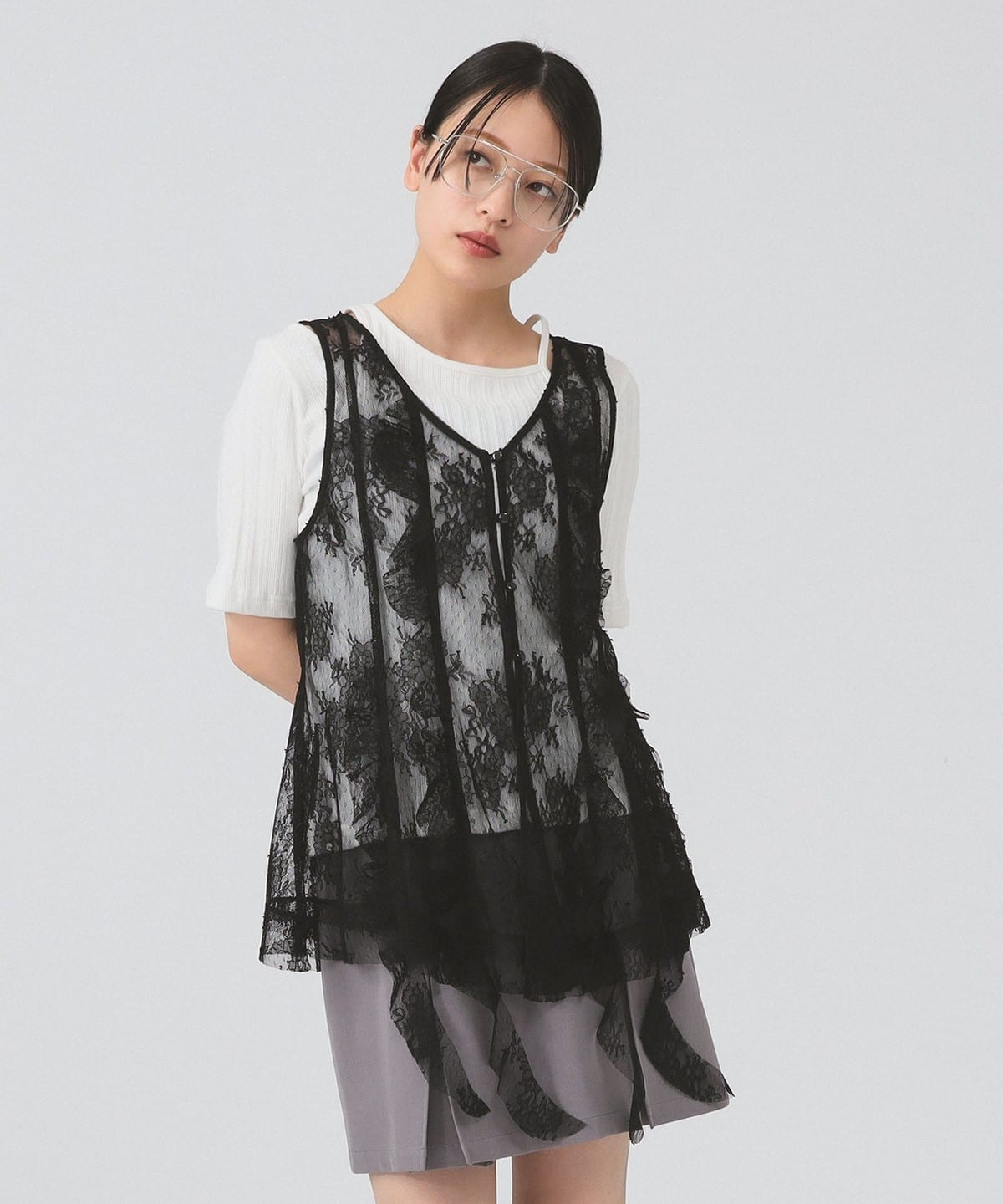 Ray BEAMS 蕾絲荷葉邊長背心