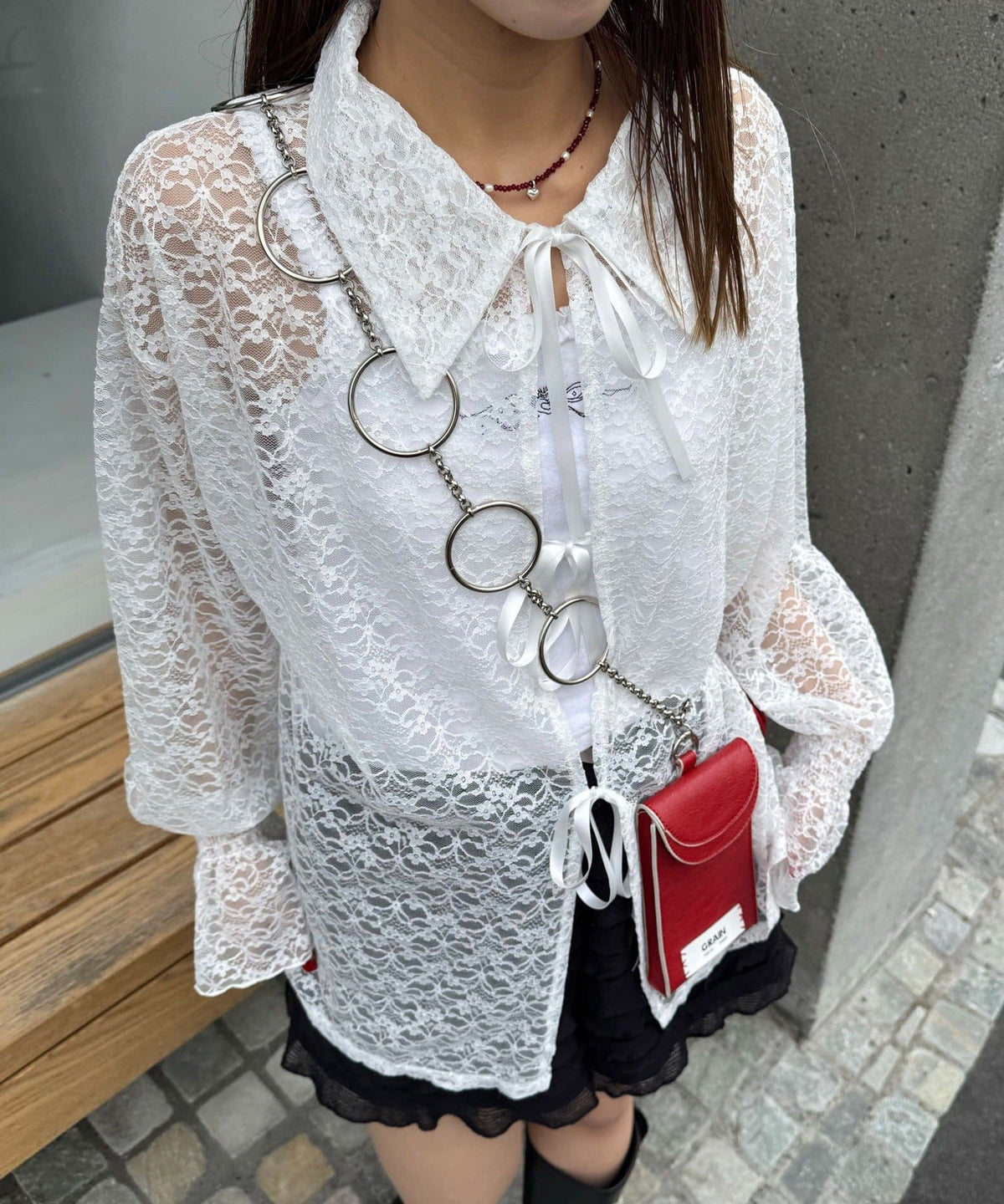 CIAOPANIC Lace-Collar Cardigan with Ribbon - Image 2