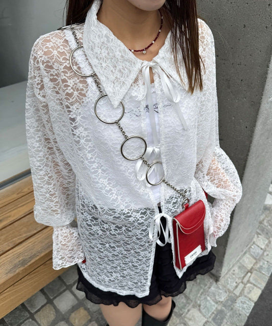 CIAOPANIC Lace-Collar Cardigan with Ribbon - Image 2