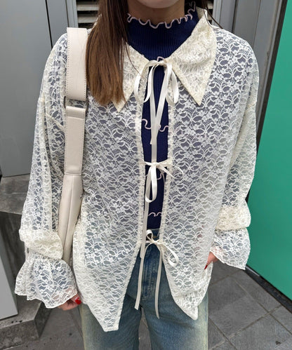 CIAOPANIC Lace-Collar Cardigan with Ribbon - Image 11