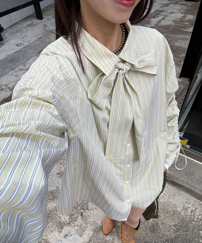 CIAOPANIC 褶皺袖條紋襯衫配TIE - Image 2