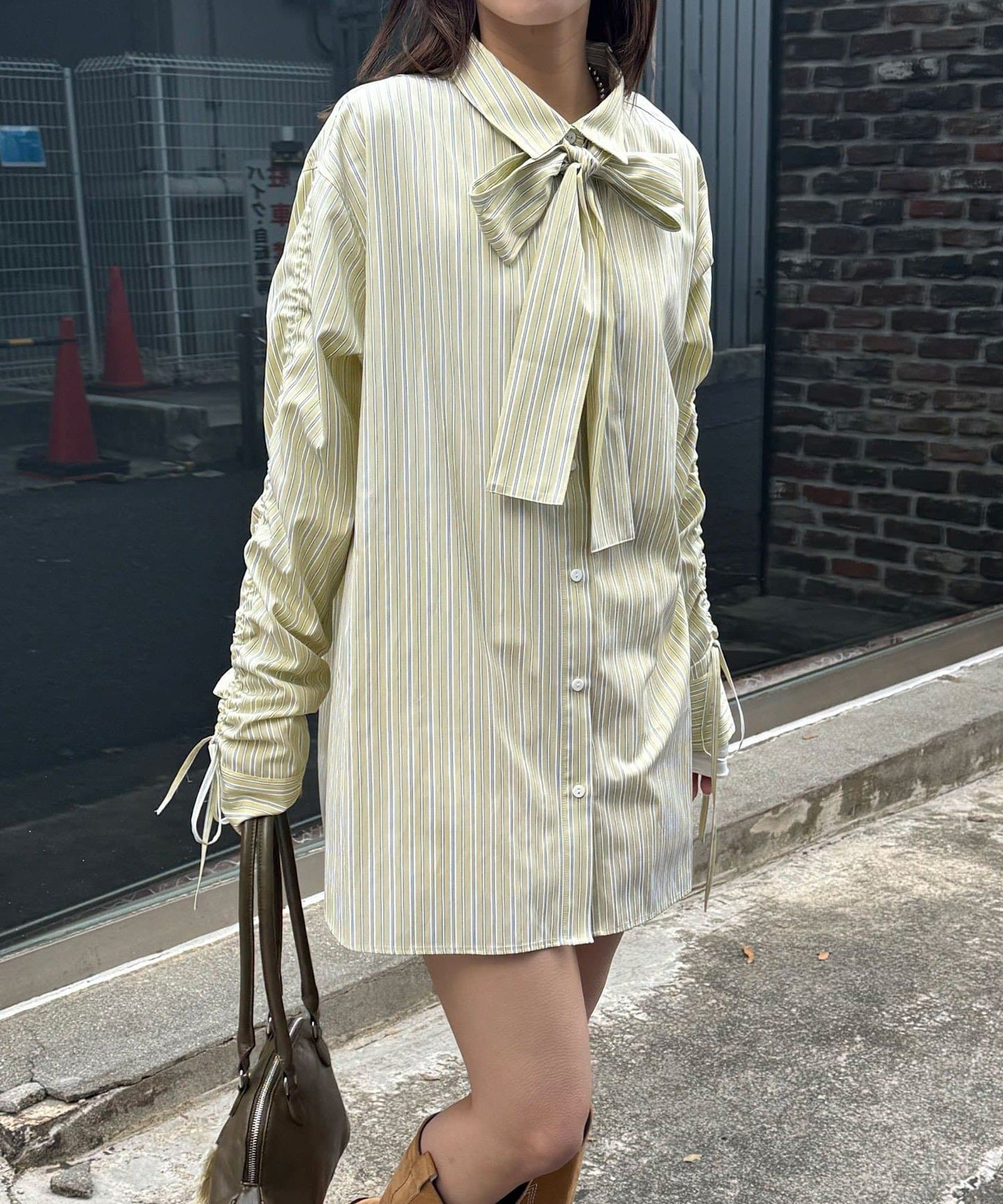 CIAOPANIC 褶皺袖條紋襯衫配TIE - Image 5