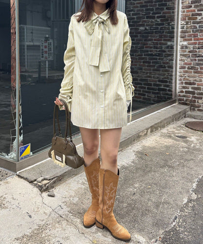 CIAOPANIC 褶皺袖條紋襯衫配TIE - Image 8