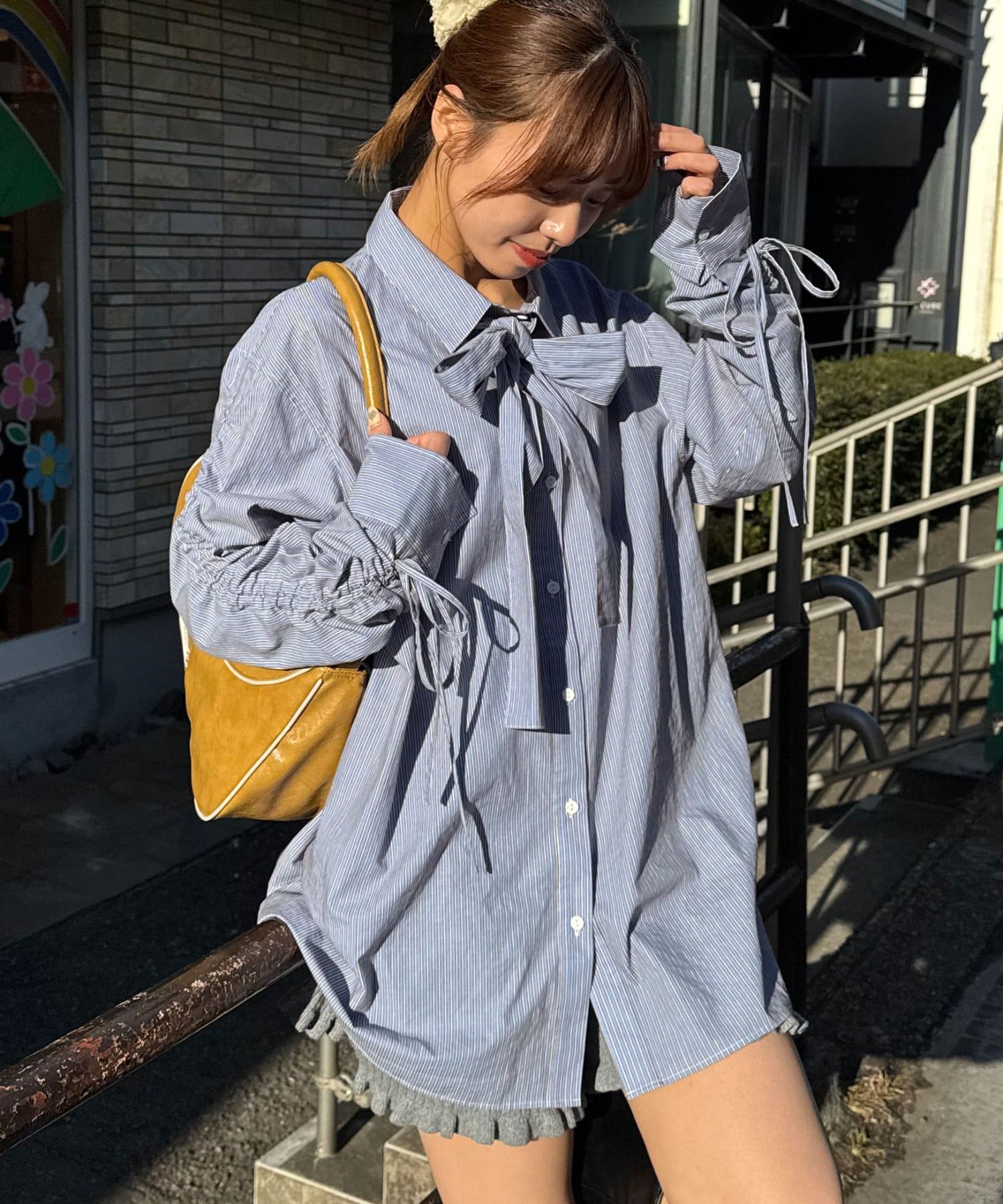 CIAOPANIC 褶皺袖條紋襯衫配TIE - Image 1