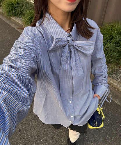 CIAOPANIC 褶皺袖條紋襯衫配TIE - Image 11