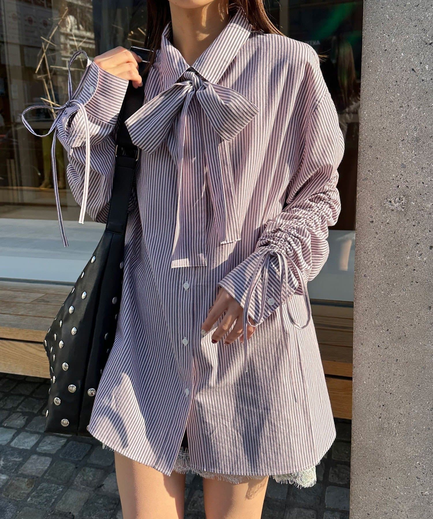 CIAOPANIC 褶皺袖條紋襯衫配TIE - Image 3