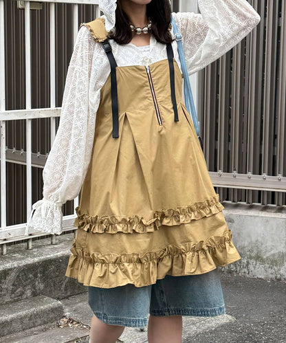 CIAOPANIC 荷葉邊軍裝風中長背帶裙 - Image 1