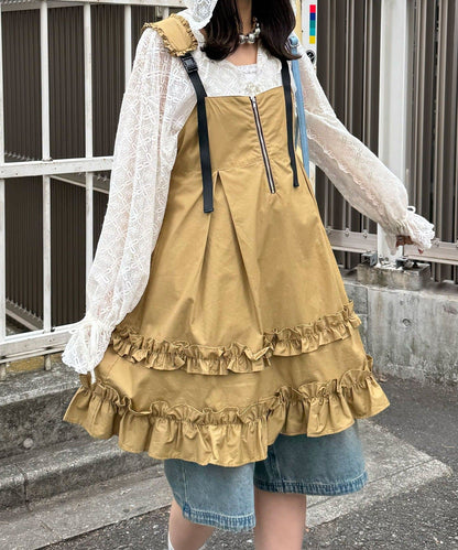 CIAOPANIC 荷葉邊軍裝風中長背帶裙 - Image 5