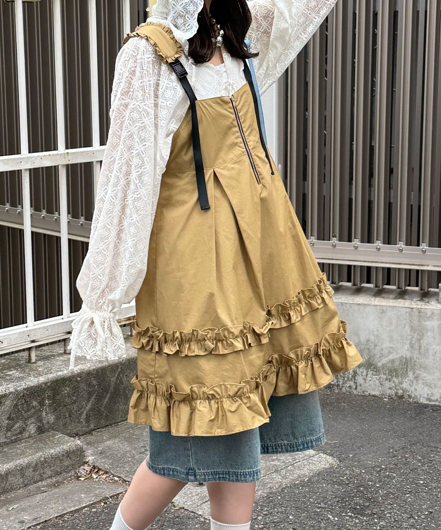 CIAOPANIC 荷葉邊軍裝風中長背帶裙 - Image 6