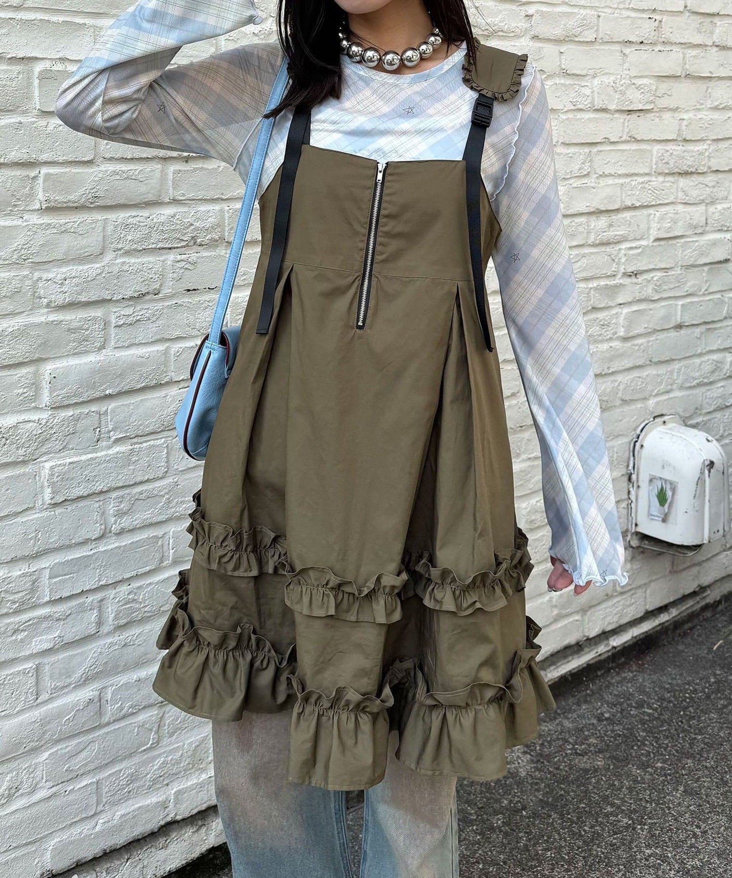 CIAOPANIC 荷葉邊軍裝風中長背帶裙 - Image 3