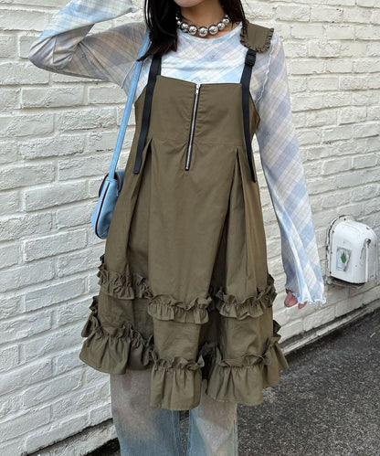 CIAOPANIC 荷葉邊軍裝風中長背帶裙 - Image 3