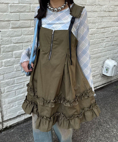 CIAOPANIC 荷葉邊軍裝風中長背帶裙 - Image 12