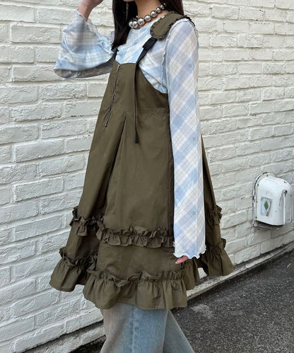 CIAOPANIC 荷葉邊軍裝風中長背帶裙 - Image 13