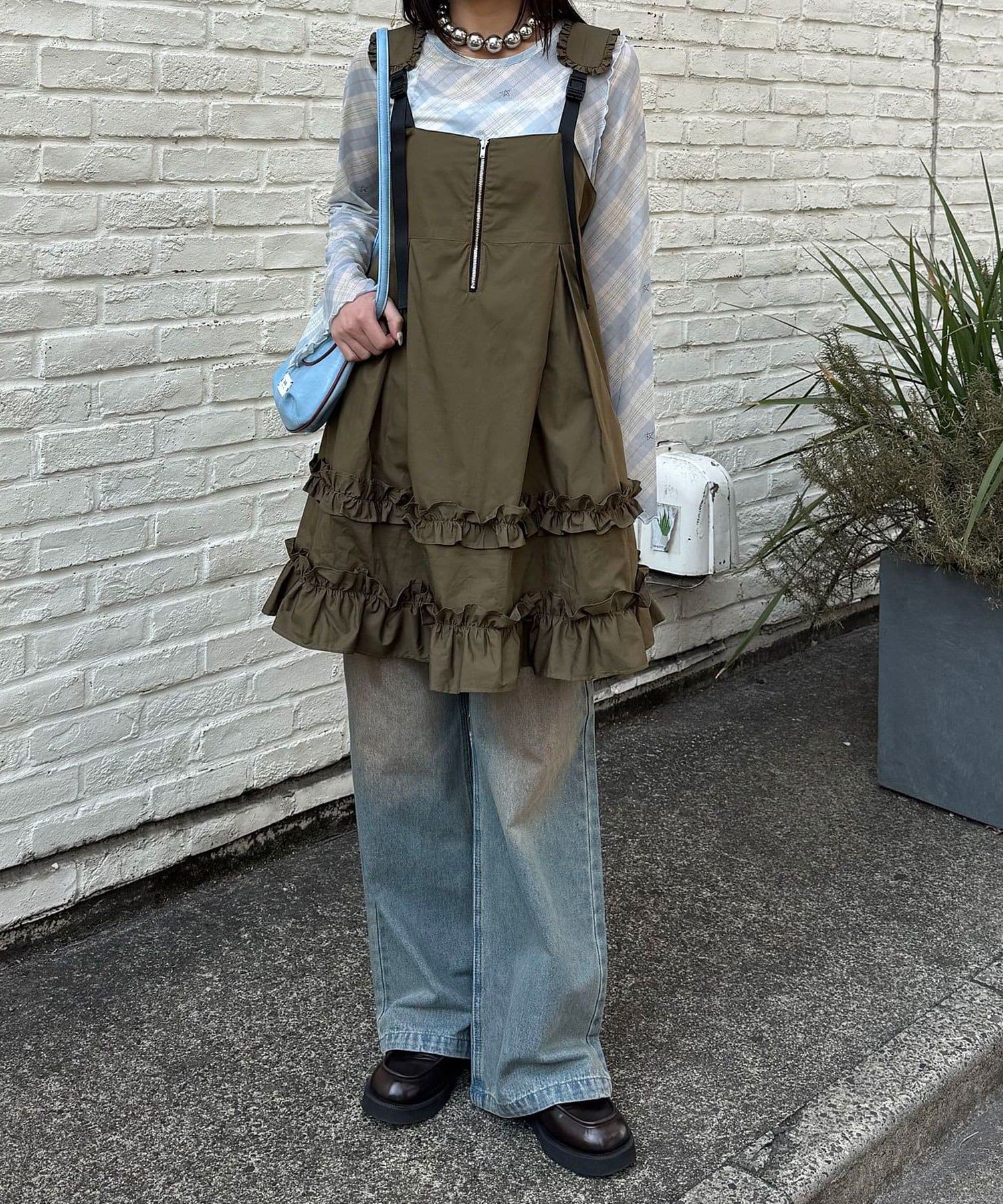 CIAOPANIC 荷葉邊軍裝風中長背帶裙 - Image 15