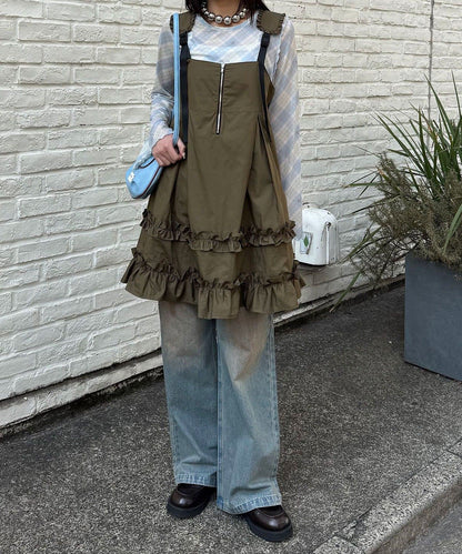 CIAOPANIC 荷葉邊軍裝風中長背帶裙 - Image 15