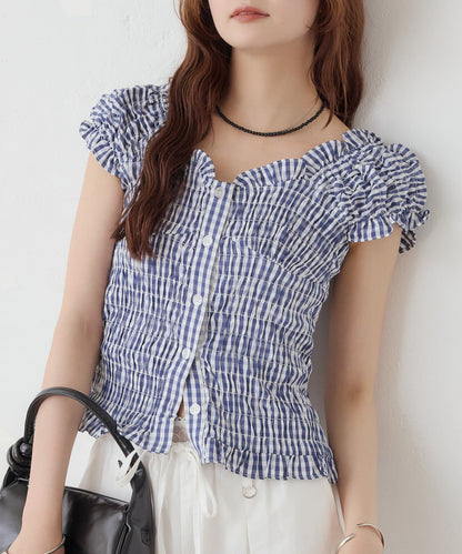 mystic 格紋 Shirred French blouse - Image 2