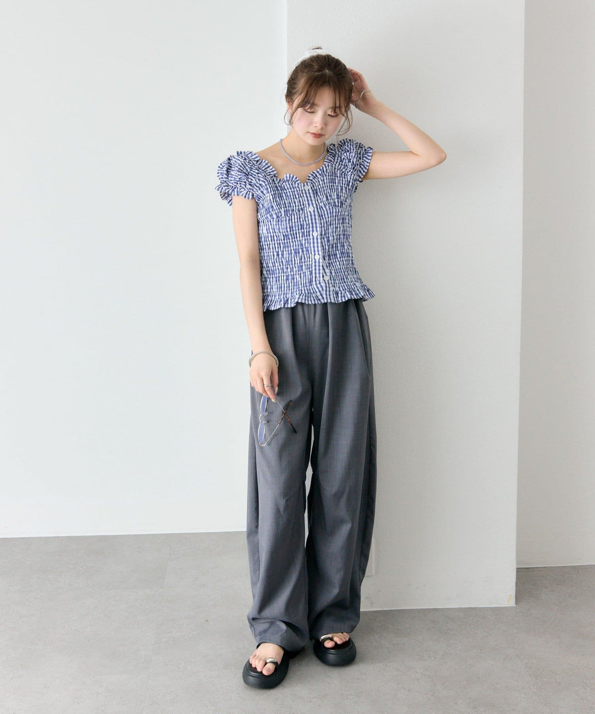 mystic 格紋 Shirred French blouse - Image 12