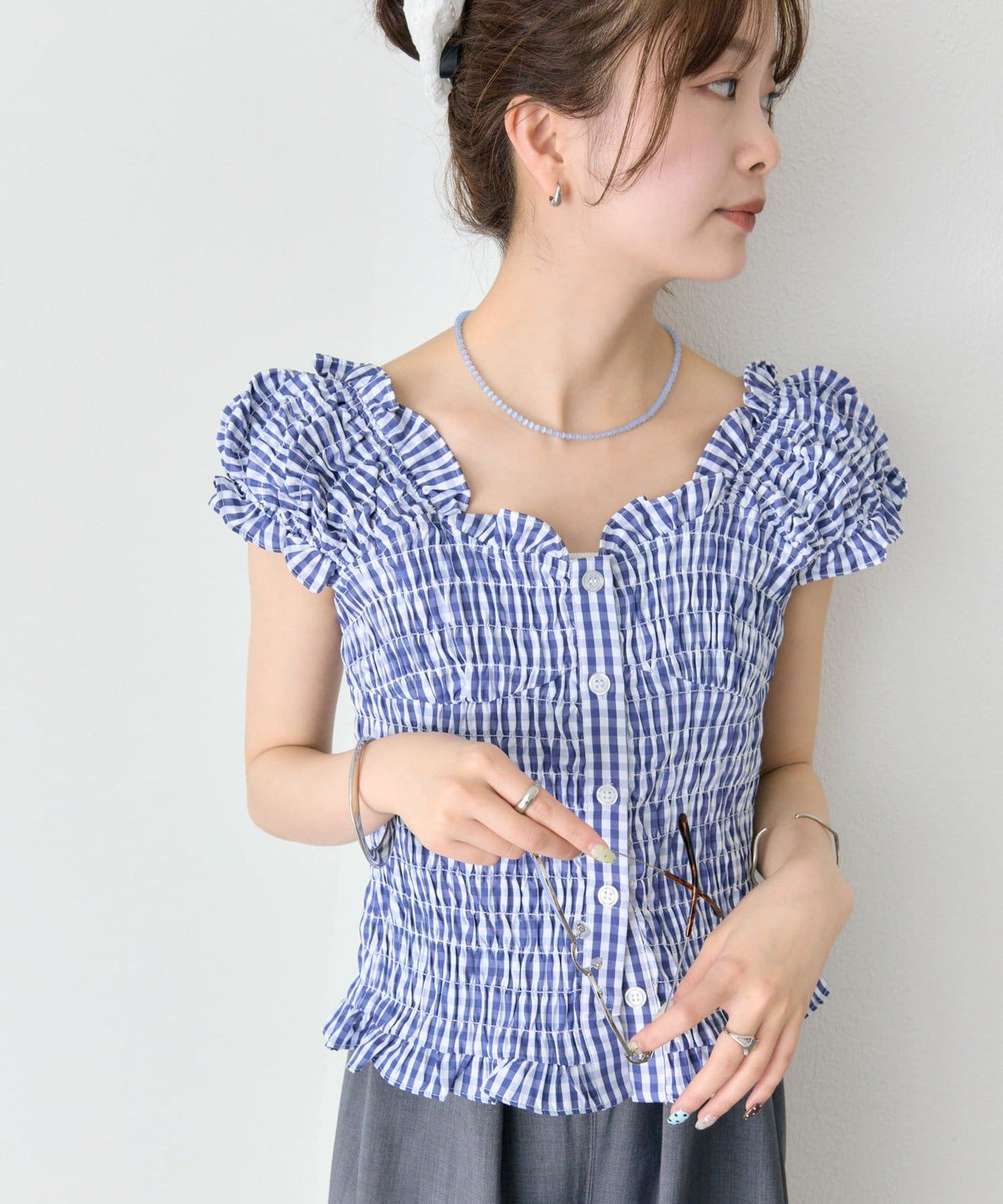 mystic 格紋 Shirred French blouse - Image 14