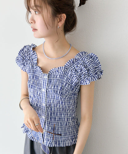 mystic 格紋 Shirred French blouse - Image 15