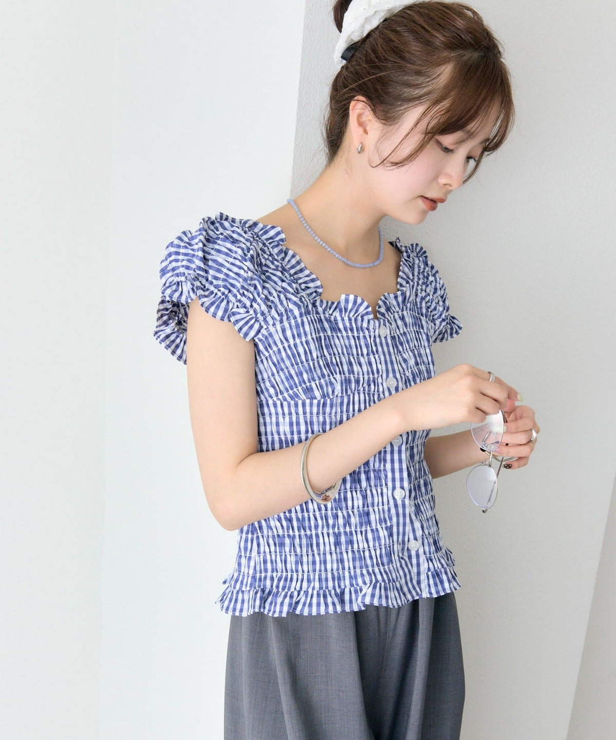 mystic 格紋 Shirred French blouse - Image 16