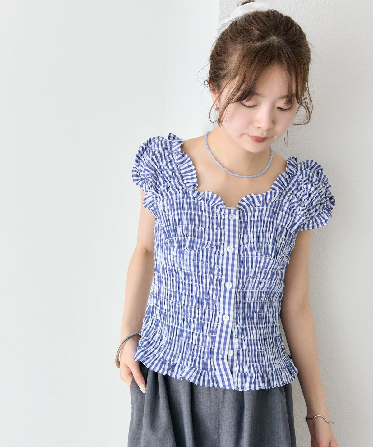 mystic 格紋 Shirred French blouse - Image 20