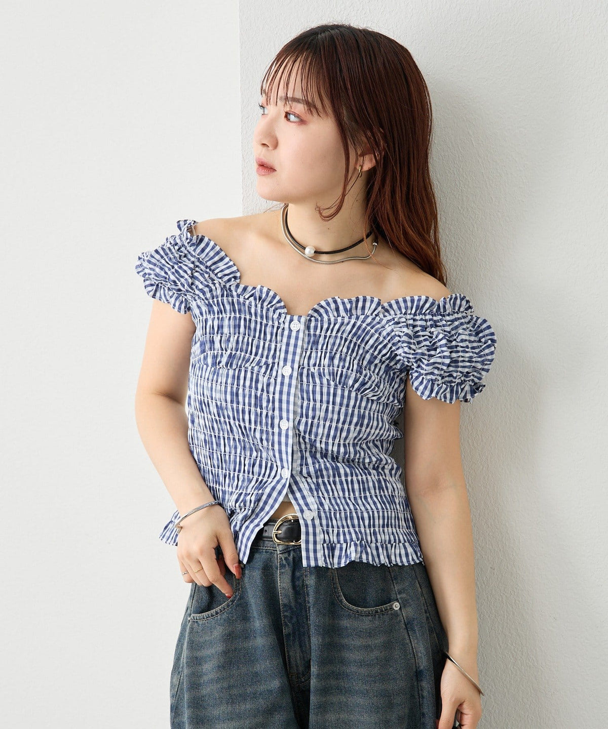 mystic 格紋 Shirred French blouse - Image 4