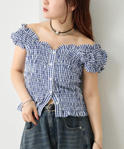 mystic 格紋 Shirred French blouse - Image 5