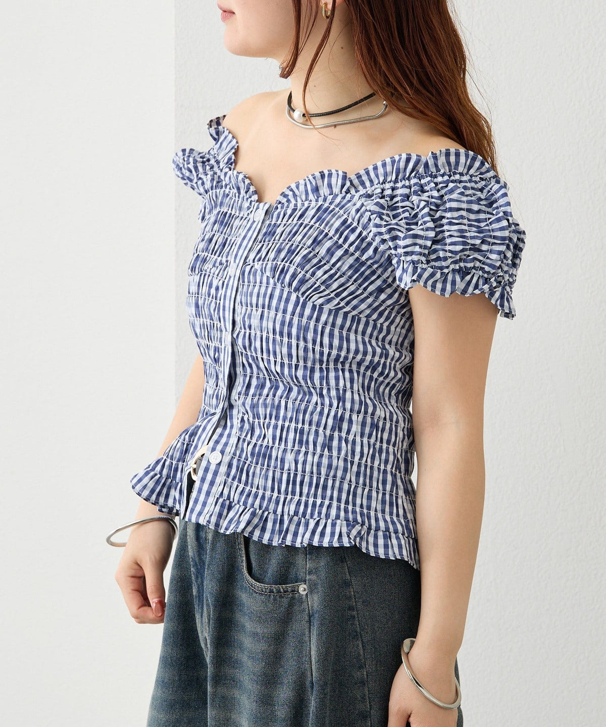 mystic 格紋 Shirred French blouse - Image 6