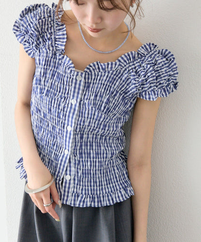 mystic 格紋 Shirred French blouse - Image 8