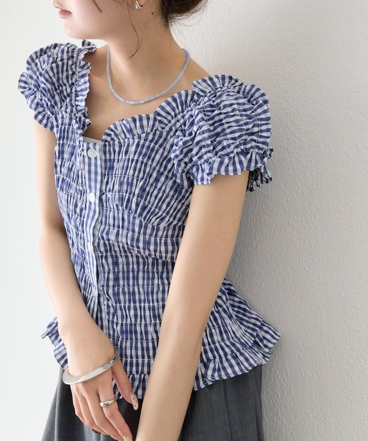 mystic 格紋 Shirred French blouse - Image 9