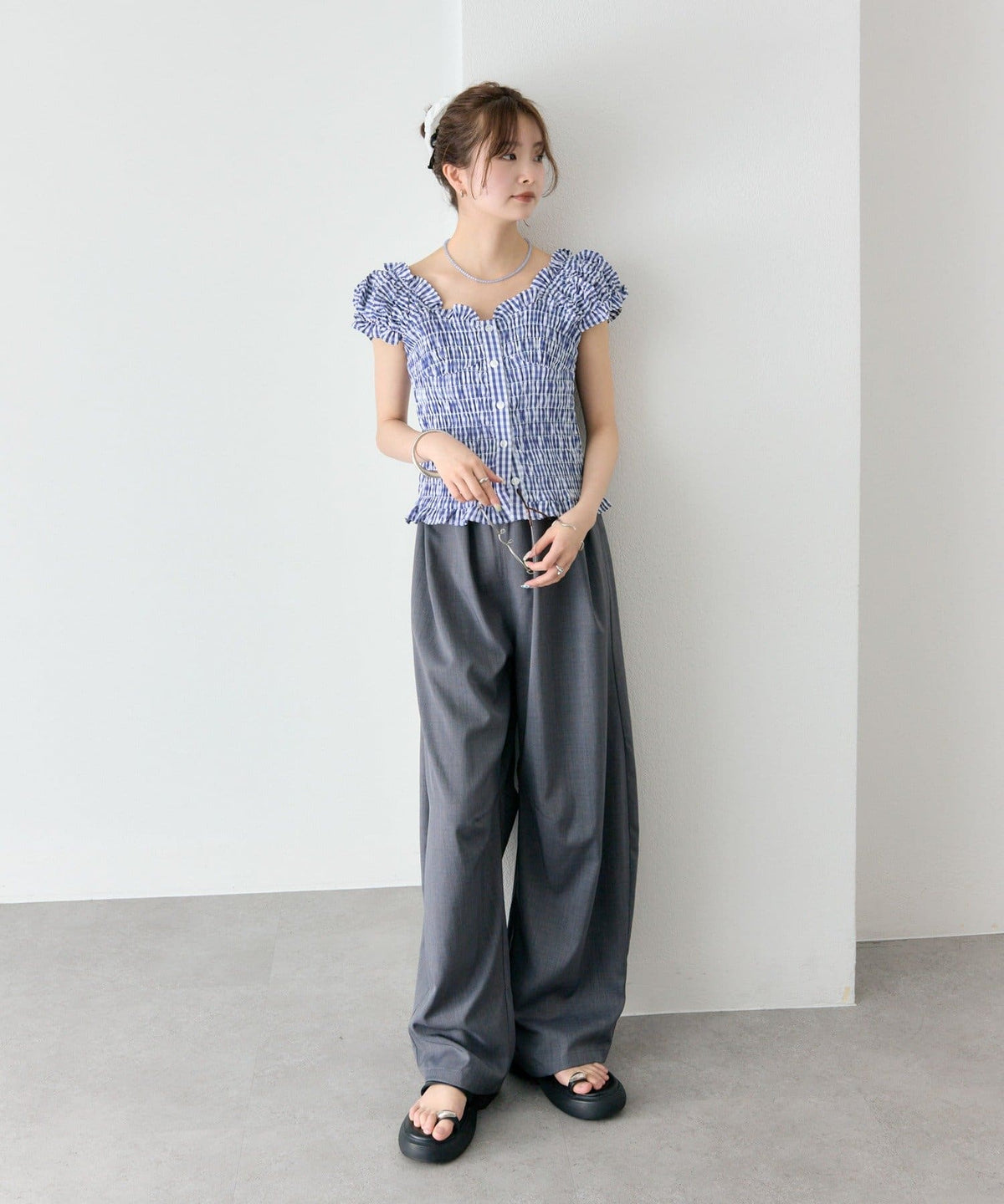 mystic 格紋 Shirred French blouse - Image 11