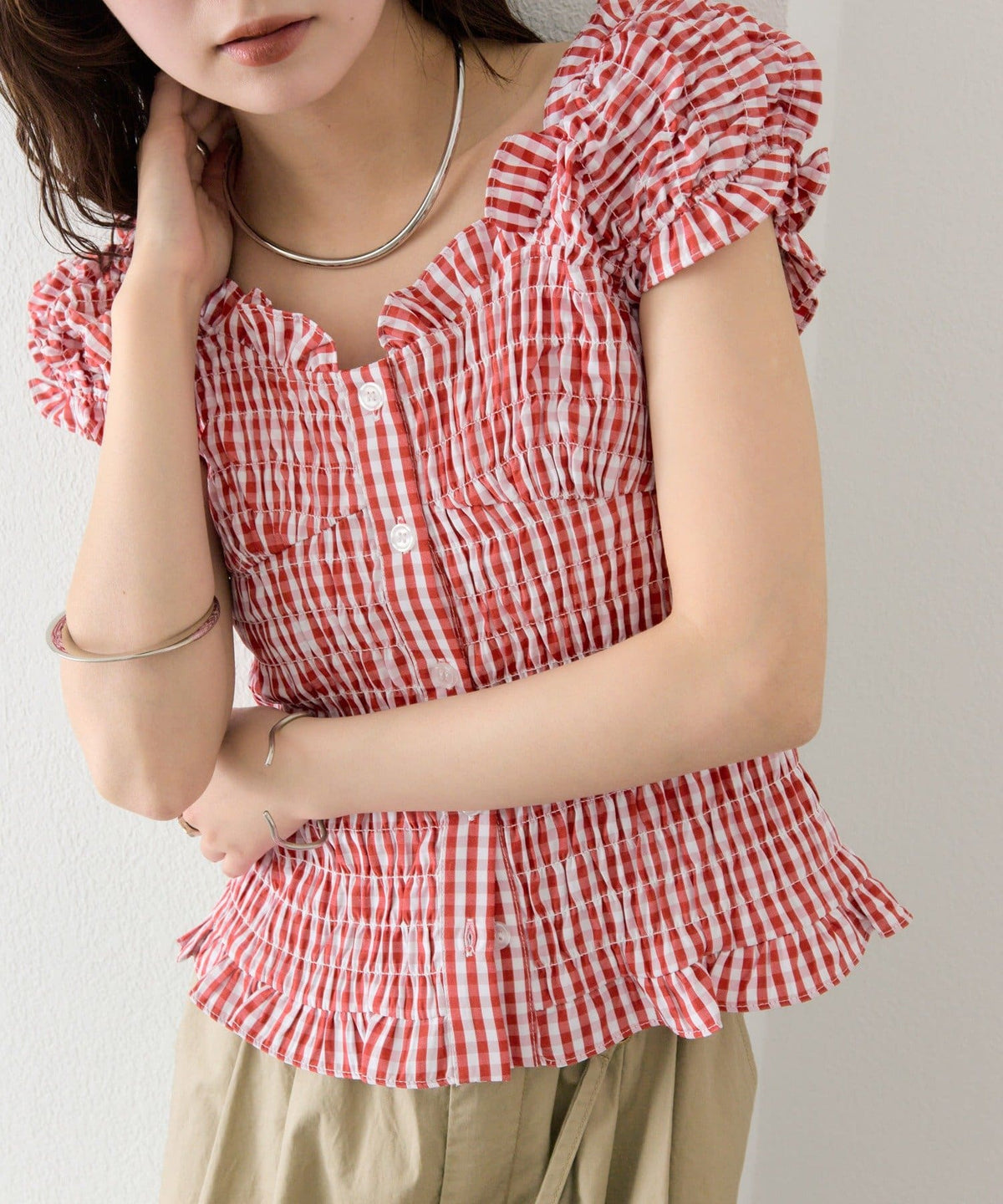 mystic 格紋 Shirred French blouse - Image 3