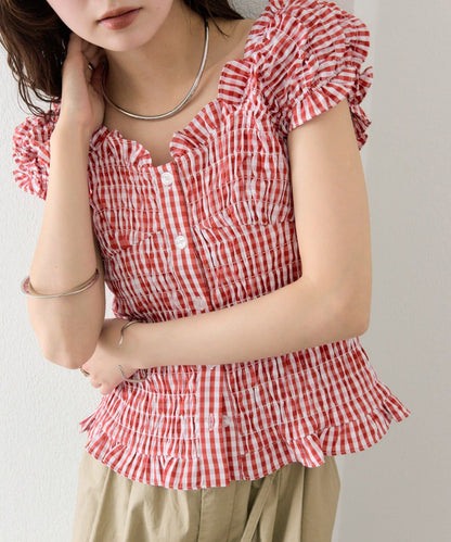 mystic 格紋 Shirred French blouse - Image 3