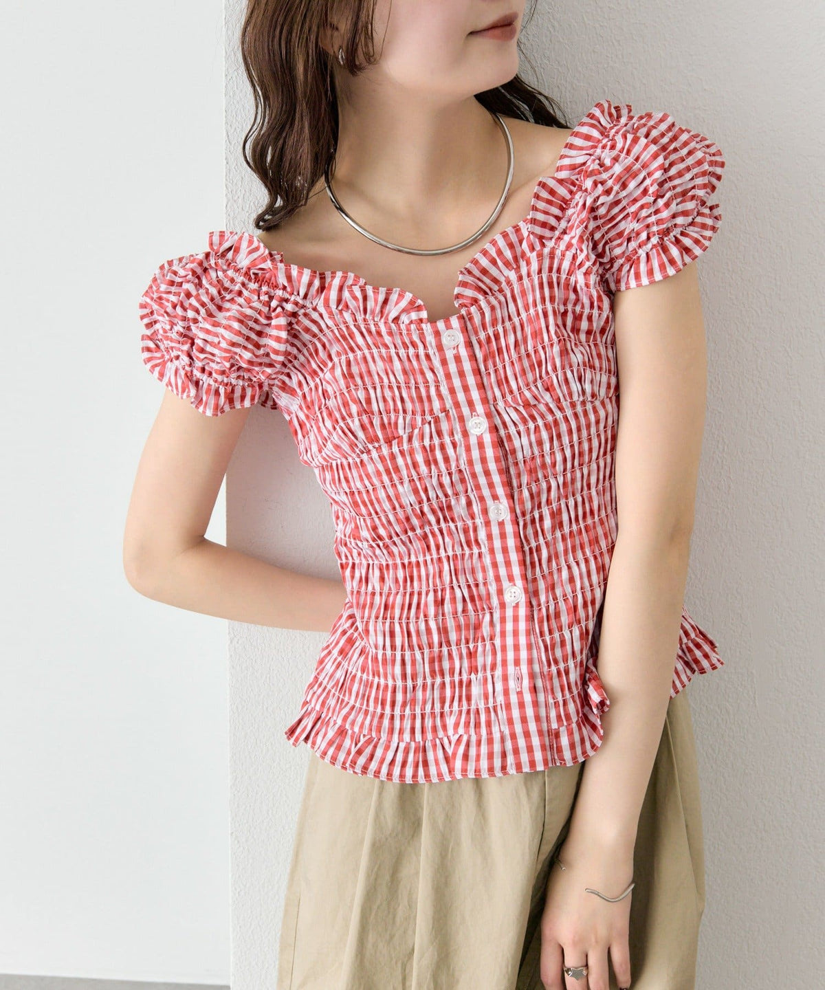 mystic 格紋 Shirred French blouse - Image 47