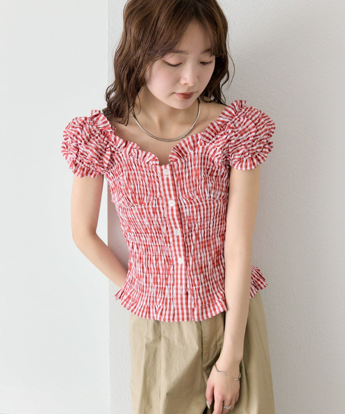 mystic 格紋 Shirred French blouse - Image 52