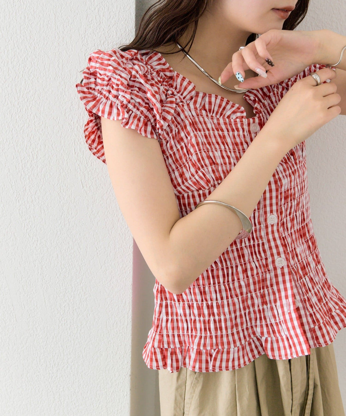 mystic 格紋 Shirred French blouse - Image 42