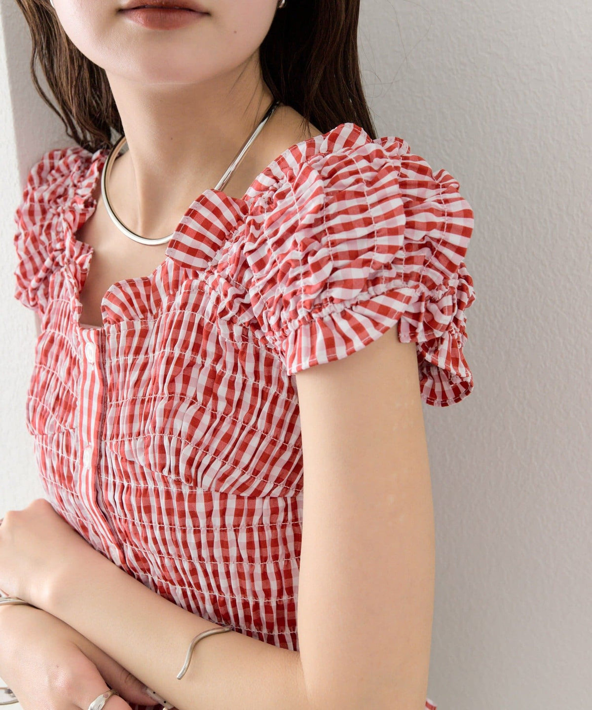 mystic 格紋 Shirred French blouse - Image 43