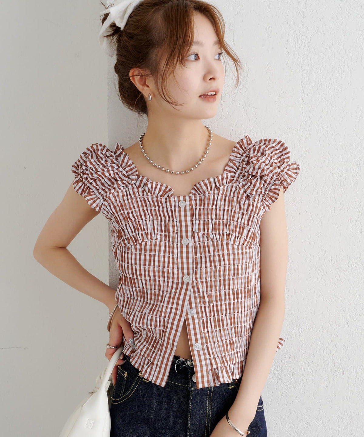 mystic 格紋 Shirred French blouse - Image 1