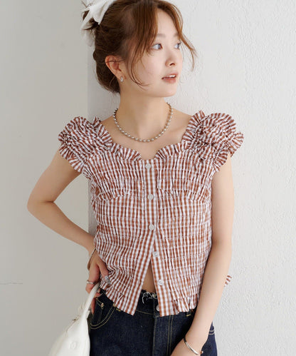 mystic 格紋 Shirred French blouse - Image 1