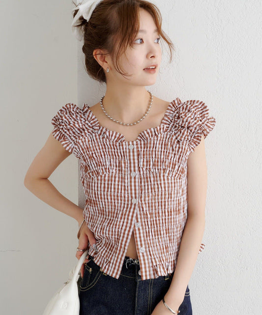 mystic 格紋 Shirred French blouse - Image 1