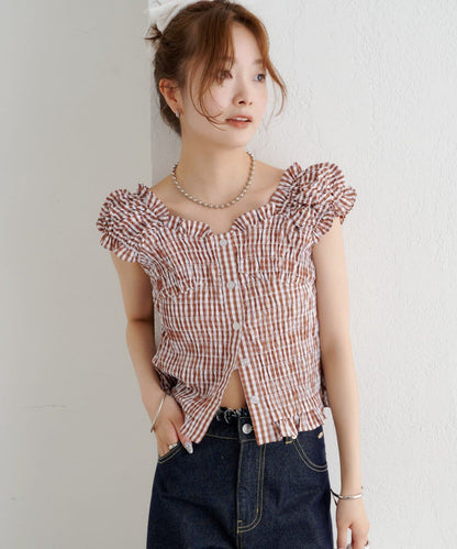 mystic 格紋 Shirred French blouse - Image 53