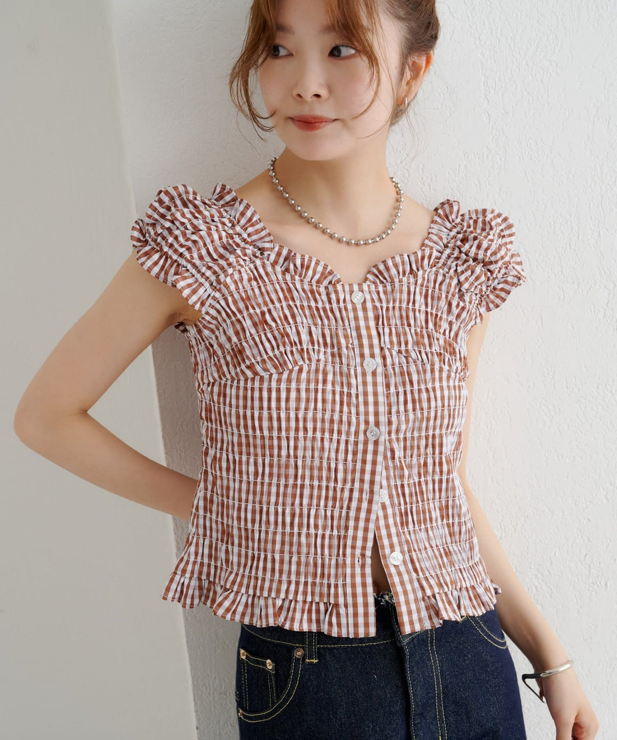 mystic 格紋 Shirred French blouse - Image 54