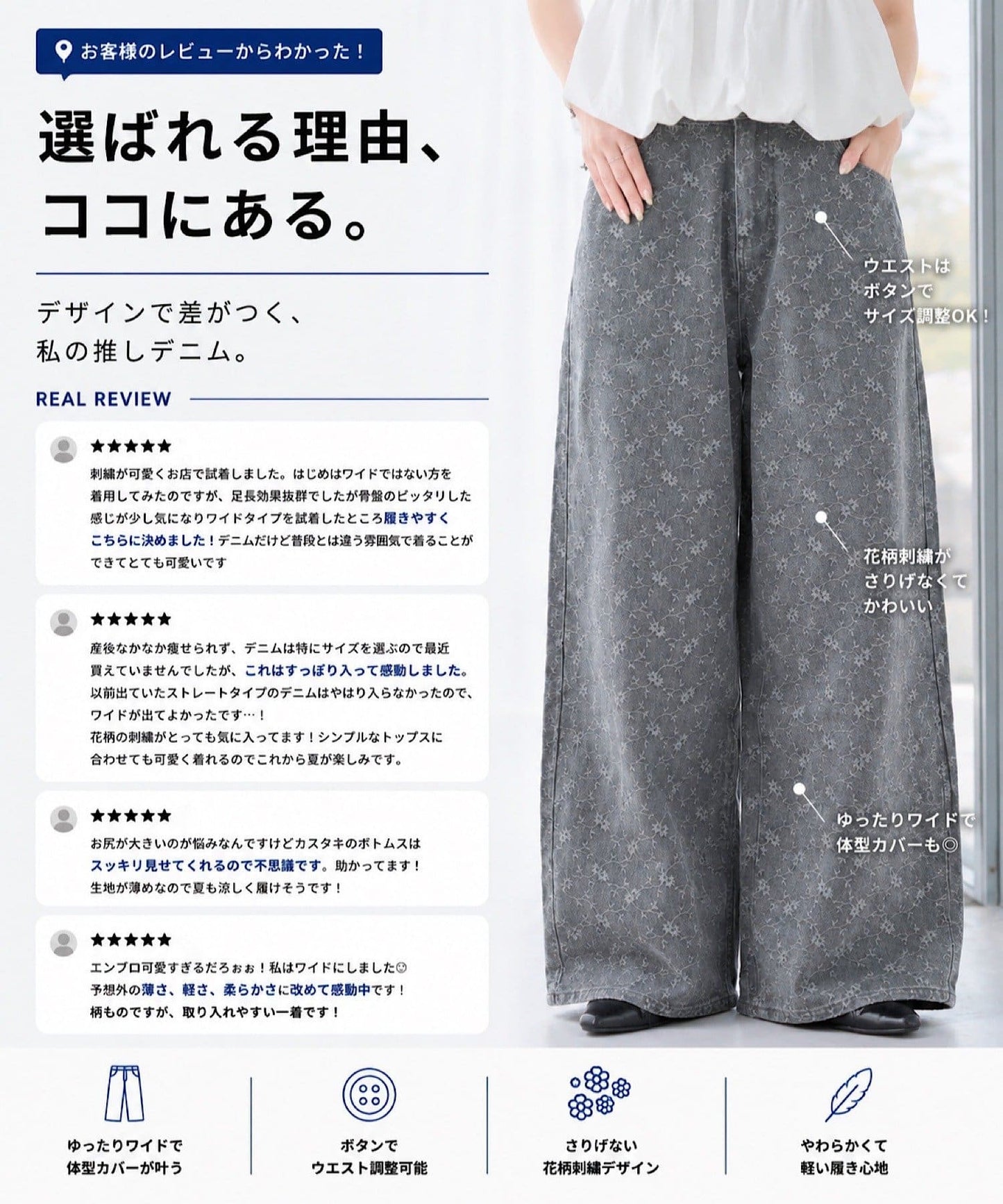 Kastane [Wide] floral embroidered denim - Image 3
