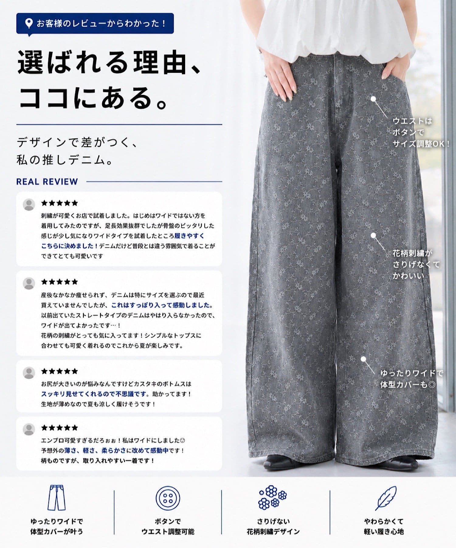 Kastane [Wide] floral embroidered denim - Image 3