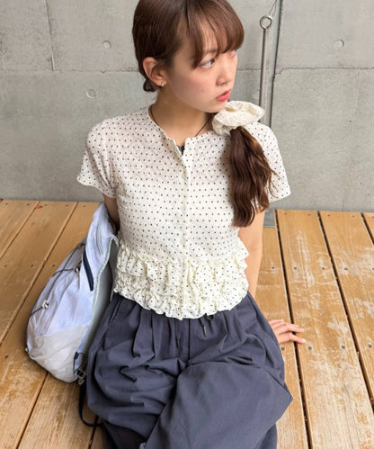 w closet 波點Lace荷葉邊短袖薄cardigan - Image 1
